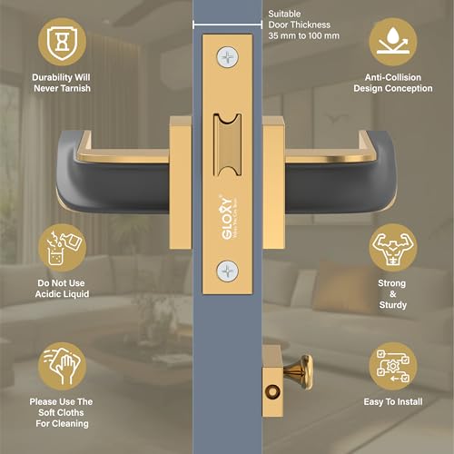 Image of GLOXY Premium Bathroom Door Lock - Heavy Duty Mortise Door Lock with Keyless Plate Handle Set for Home with Brass Baby Latch - Gold & Black Finish Bathroom Lock for Door with 2 Years Warranty