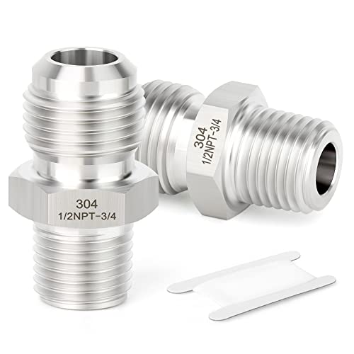 Image of TAISHER 2PCS Forging of 304 Stainless Steel Tube Flare Fittings, 3 /4 inch Male Flare x 1 /2 inch NPT Male, Half Union