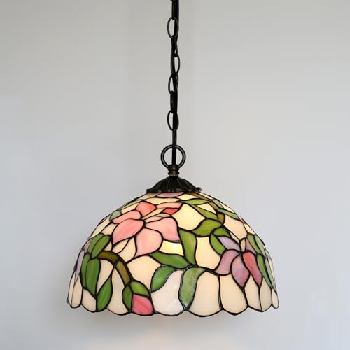 LUSTIX Tiffany Pendant Light Plug-in Stained Glass Hanging Lamp 12”x12”x181” Pink Flower Style Swag Lamp Vintage Light for Dining Room Living Room Kitchen Corridor Home Decor Light by LUSTIX - Image 5