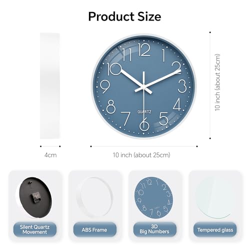 10inch Blue Silent Wall Clock Modern Quartz Battery Operated Kitchen Decor by WISKALON - Used condition - Image 5