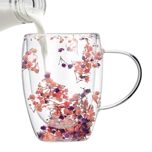 Dried Flowers Double Walled Glass Coffee Mug, 350ml Dry Flower Tea Cup with Flowers, Insulated Glass Coffee Cups with Handles, Heat Resistant Glasss Tea Cups for Mum Wife Christmas Birthday Gift