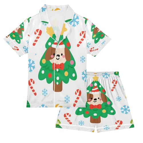 Satin Pajama Sets Short Sleeve Christmas Tree Dog Snowflakes Button Down Silky Nightwear 2 Piece PJS 5-14Y
