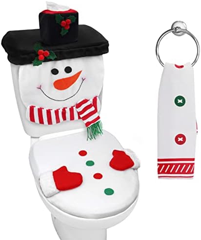 HexyHair Christmas Bathroom Sets Toilet Seat Cover, 4 PCS Snowman White Bathroom Decor Christmas Toilet Lid Tank Cover, Toilet Paper Box Cover and Towel for Christmas Decorations Indoor Home
