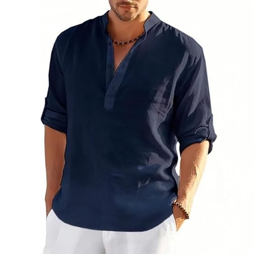 MSIYOW Camisa de Lino Hombre Camiseta Manga Larga Camisa Blanca Casual Top Shirt con Botónes Verano Regular Fit (S, Azul Oscuro)