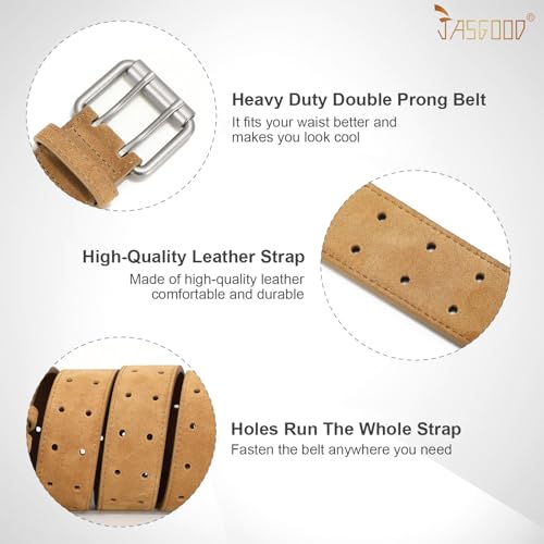 Image of JASGOOD Men Double Prong PU Leather Belt Casual Work Heavy Duty Belt Double Grommet Holes Belt for Jeans