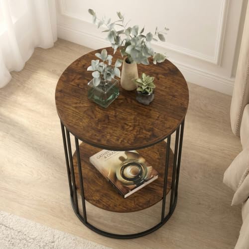 Image of Al Hama Round Coffee Table Sofa Side Accent End Table with Engineered Wood top and Black Metal Frame for Living Room (Black Brown)