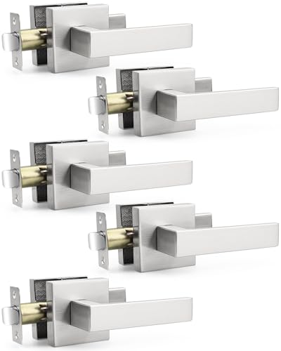 Probrico 5 Pack Square Door Lever Door Lock Handle Lockset Keyless Doorknobs Passage Knobs Lockset Interior Hallway Passage Closet in Satin Nickel