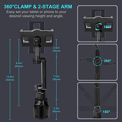 Cup Holder Car Tablet Mount For Truck, 360° Adjustable 13.8" Long 2-Arm Stand Holder For Ipad Pro 12.9/11/10.5/9.7/Air/Mini 6/5/4, Samsung Galaxy Tab/Z Fold 4/3, Iphone 14/13/Pro, 4.7-12.9" Tab &Phone #TOP4