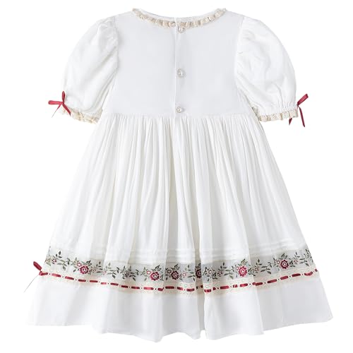 Girl Dress, Embroidered Floral Heirloom, Lace Crew Collar, Puff Sleeve, Cotton Kids Casual Clothing2