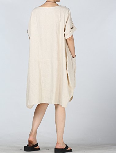 Mordenmiss Women's Cotton Linen Dresses Plus Size Summer Roll-up Sleeve Baggy Sundress with Pockets (Small, Beige) - Thumbnail 5