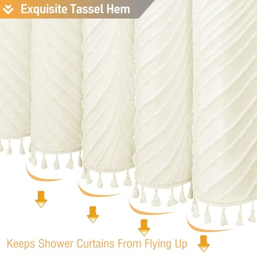 BTTN Cream/Beige Boho Tufted Leaves Textured Striped Shower Curtain, 72x72 by BTTN - Used condition - Image 6