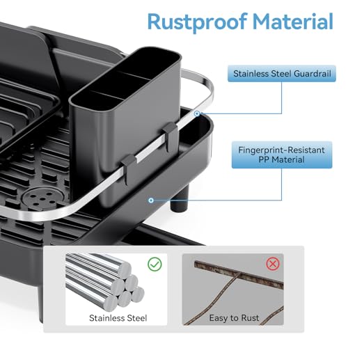 Urackify Dish Drying Rack for Kitchen Counter, Expandable Stainless Steel Dish Racks with Adjustable Water Spout, Space Saving Dish Drainer with Cutlery Holder,16.14"-23.62" L x 12.99" x 8.78",Black by Urackify - Image 6