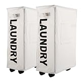LOPYXBR 2 Packs 50L Slim Laundry Basket With Wheels, 39x19x57CM Narrow Laundry Basket with Handles, Narrow Laundry Room Organization for Laundry Room Dorm Bathroom Bedroom, White