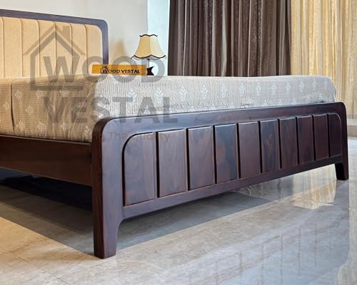Image of Wood Vestal Sheesham Wood Bed with Upholstered Head & Vertical Slat Foot, Solid Wood in Walnut Finish, Modern Design | King Size - (78 inchx72 inch) Without Mattress & Side Tables | Low Hight | QVG - 6' - D