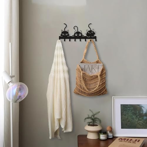 BEJAGWUS Schlüsselbrett Modern aus Metall,Hakenleiste mit Katzenkunstmuster,Schlüsselhalter Schlüsselhaken Wandgarderobe mit 8 Haken,Wand Deko für Flur,Wohnung,Wohnzimmer & Küche (3 Katzen)