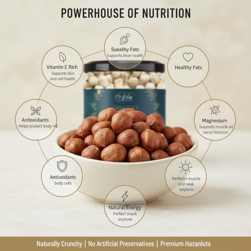 Image of LILA DRY FRUITS Hazelnuts 100 Grams | Roasted & Unsalted Hazel Nuts | Delicious Nut Snack for Baking and Snacking | Rich in Protein and Fibre | Premium Exotic Nut Dry Fruit Perfect for Giftings