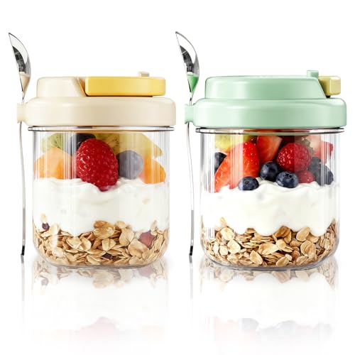 MEETOZ 2-pack 14 oz Overnight Oats Containers with Lids, Glass jars with handle Airtight Lids, Glass Breakfast Pots, Glasss Mason Jars for Cereals, Milk, Yogurt, Fruit, Salad