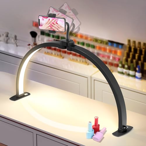 Half Moon Light for Nail Desk: 29"Arch Nail Desk Lamp with Phone Holder for Beginner - 3 Color Modes & 10 Brightness Adjustable - Foldable Half Moon Desk Light for Salon Manicure (Black, Large)