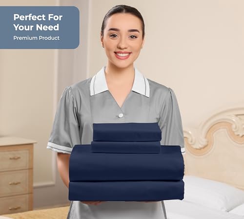 Image of ROYALE LINENS 100% Organic Cotton King Sheet Set - Percale Weave - 4 Pieces Set - 1 Flat, 1 Deep Pocket Fitted Sheet and 2 Pillowcases - Navy Bed Sheets - Sabanas King - Crisp Cool (Navy)