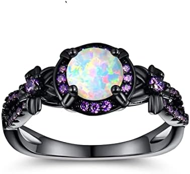 18K Black Gold Plated White Fire Opal Rings for Women October's Birthstone Gemstone Created Amethyst Eternity Wedding Engagement Promise Band (8)