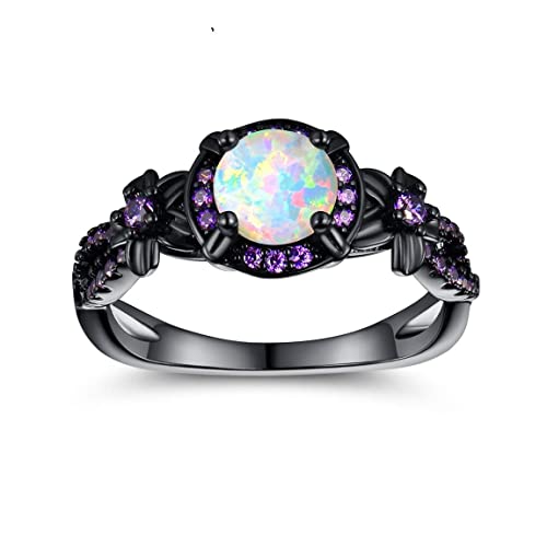 18K Black Gold Plated White Fire Opal Rings for Women October's Birthstone Gemstone Created Amethyst...
