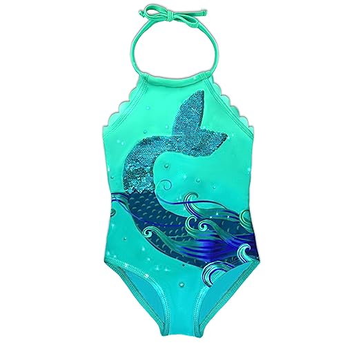 Traje de baño de una pieza para niñas, traje de baño de sirena para niños, traje de baño con protección UV, azul y verde, para niñas de 4 a 16 años, azul, 6-7 años