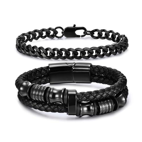 VNOX 2 Pcs Leather Chain Bracelets for Men Boy, Mens Boys Cool Black Stainless Steel Cuban Link Chains Bracelet with Braided Leather Bracelet Set Cuff Bangle Wrist Band Men Jewelry,8 In