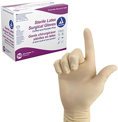 Dynarex Sterile Disposable Latex Surgical Gloves, Powder-Free, Sterilely Packaged in Pairs, Professional Medical and Healthcare Use, Veterinary Clinic, Bisque, Size 7.5, 1 Box of 50 Pairs of Gloves