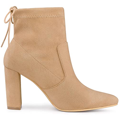 Allegra K Women's Pointed Toe Pull on Drawstring Block Heel Khaki Ankle Boots 10 M US angle 8
