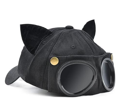 Retro Aviator Hat With Cat Ears Glasses Peaked Cap Sunglasses Baseball Cap Hip Hop Mask Black #TOP2