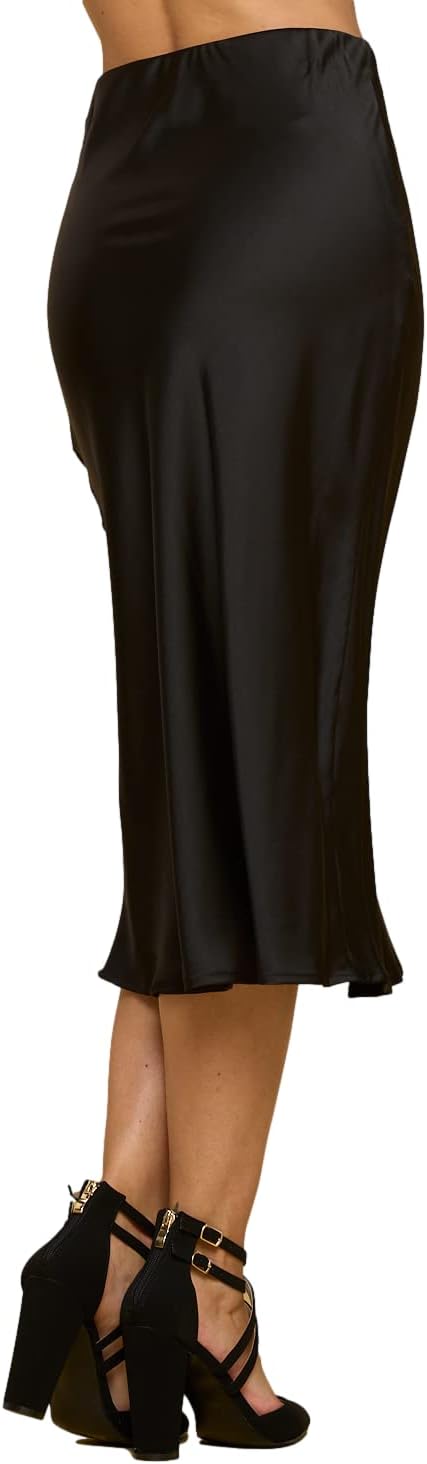 RENEEC. Women Solid Satin High Waist Elastic A Lined Midi Skirt - Made in USA