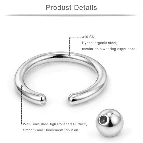 Ruifan 20G 16G 14G 12G Surgical Steel Captive Bead Nose Hoop Septum Earring Eyebrow Tongue Lip Nipple Helix Tragus Piercing Rings 8mm,10mm,12mm,14mm2