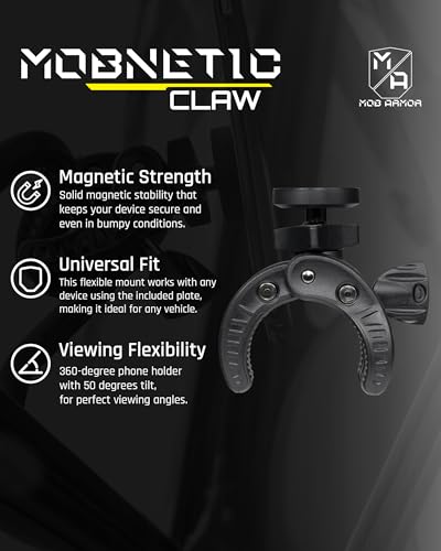 Mob Armor MobNetic Claw with 360° Rotation - Bar Mount for Golf Carts, Strollers, or Any Vehicle with Round or Square Tubes- Universal Car Magnetic Phone Mount, Assembled in USA - Black