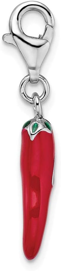Solid 925 Sterling Silver Red Enamel Pepper Lobster Clasp Charm (0.16 x 1.46 Inches)