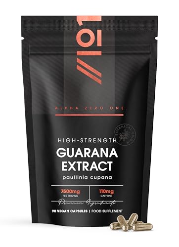 Guarana Extract 7500mg Standardised 22% Caffeine (110mg per Serving) 90 Vegan Capsules Energy Supplement Natural Source of Caffeine By Alpha01