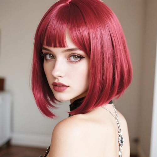 EINAEY Red Bob Wig - 14 Inch Short Bob Wigs Straight with Flat Bangs Halloween Party Cosplay Synthetic Wig for Women Fashion Natural As Real for Daily Use