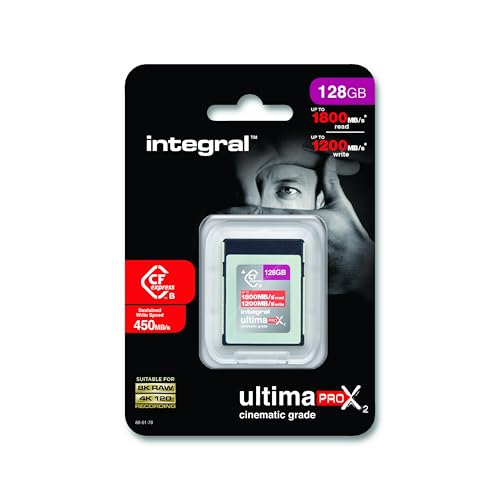 Integral 128GB CFexpress Memory Card Type B 2.0 8K RAW & 4K 120 FPS 1800MB/s Read 1200MB/s Write Speed 450MB/s Sustained Write Designed for the Cinematographer and Professional Photographer