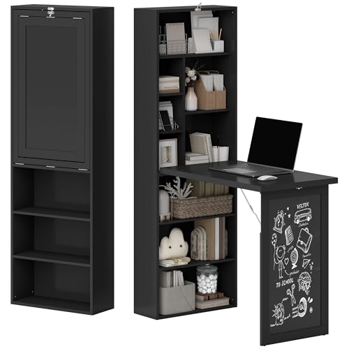 Folding Wall Mounted Desk with Storage, Expandable Hidden Computer Desk, Foldable Space-Saving Pull Out Murphy Table, Writing Table with Blackboard for Home Office Bedroom Small Spaces (Black)