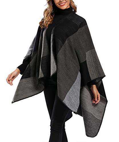 Envoltório de xale de bloco de cores feminino plus size cardigan poncho capa aberta frontal longo ca