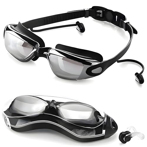 QAMROXH Swimming Goggles Anti Fog No Leak Adults Men Women Kids Children 6-14, UV Protection Waterproof Pool Glasses with Ear Plugs Nose Clip Case