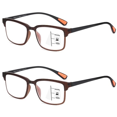 Image of CARA 2 Pack Progressive Multifocus Reading Glasses for Men, Women Premium TR90 Frame Blue Light Blocking Computer Readers, 3ft Range Workspace (Top is not 0), 2.5 Brown