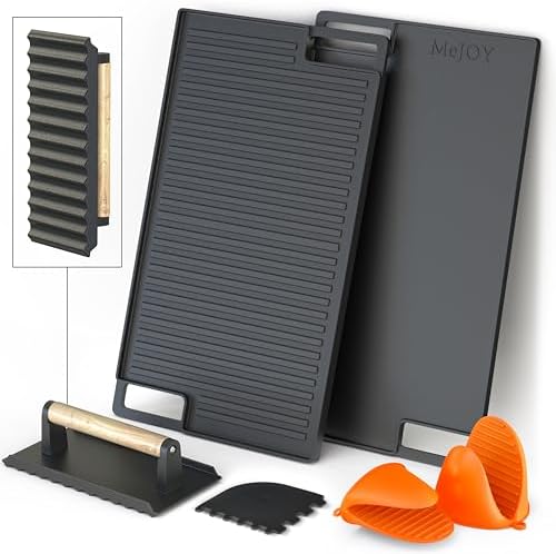 Cast Iron Griddle for Stove Top, Reversible Grill/Griddle + Cast Iron Press + Pan Scraper + Pinch Mitts, For Gas Stove, Grill, Camping & Outdoors - Pre Seasoned & Non-stick (16.75"" X 9.5"")