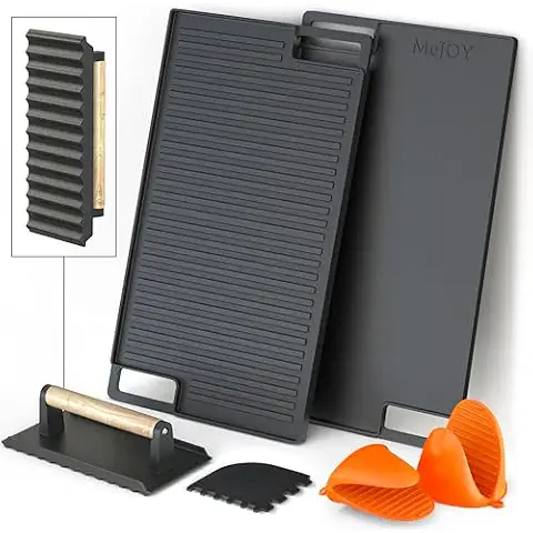 Cast Iron Griddle, Reversible Grill/Griddle + Cast Iron Press + Pan Scraper + Pinch Mitts, Grill Pan For Stove Top, Gas Grill, Indoor & Outdoor Cooking - Pre Seasoned & Non-stick (9.5" x 16.75") Cover
