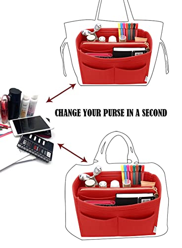 LEXSION Felt Purse Bag Organizer Insert with zipper Bag Tote Shaper Fit Speedy Neverful PM MM 8021 Red M - Thumbnail 5