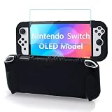 Teyomi Silikon Hülle kompatibel mit Nintendo Switch OLED Modell 2021, stoßfeste Schutzhülle mit Displayschutz aus gehärtetem Glas,ergonomische Griffhülle für Switch OLED,2 Spielkartenfächer(Schwarz)