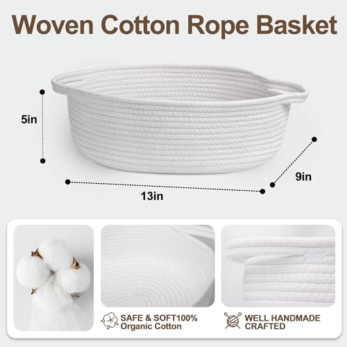 Image of Small Baskets for Gifts Empty, 13 inchx 9 inchx 5 inch Woven Gift Basket with Bag and Ribbon, Cotton Rope Kids Dog Cat Toy Bin Box, Cute Baby Nursery Organizer, Decorative Storage with Handles (White)