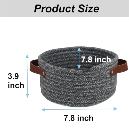 Image of Small Woven Basket, Cute Mini Cotton Rope Storage Basket with leather handle, Tiny Decorative Round Storage Bin, Boho Empty Gift Baskets for Organizing, Toy Organizer for Nursery (Grey)