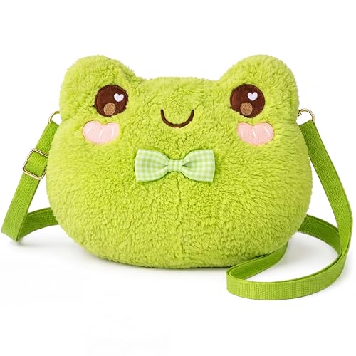 Mixweer Crossbody Bag Purse for Women, Cute Kawaii Plush Backpack Wallet for Girls, Cartoon Animal Lolita Bag with Strap(Frog)