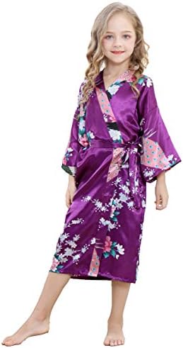 TIMSOPHIA Kids Satin Floral Kimono Robe-Flower Girl Bath Robe for Wedding Party Gift(Peacock Dpurple,12)