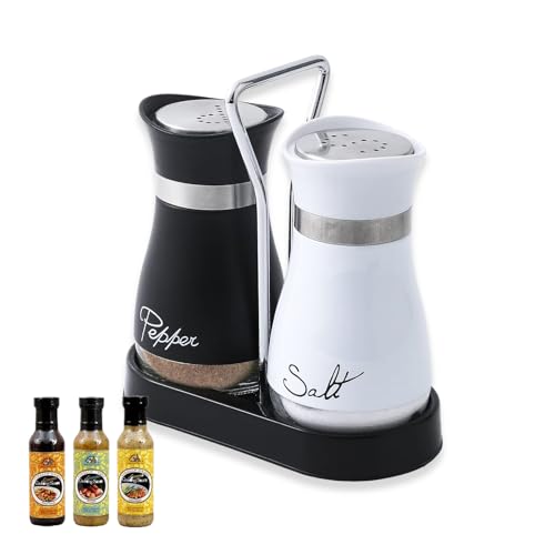 AMONENZ Salière et Poivrière Ensemble, 120ml Avec Support Saliere et Poivriere de Table, Verre et Acier Inoxydable Salière, Design Noir et Blanc, pour la Maison,...